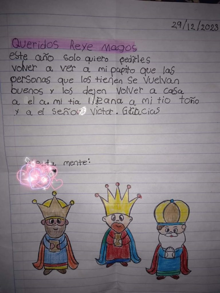 Niña pide en su carta a los Reyes Magos que devuelvan con vida a su familia desaparecida