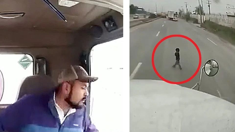 VIDEO: Trailero salva a menor de ser atropellado cuando cruzaba peligrosa carretera solo