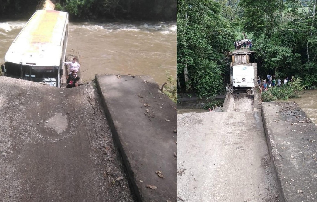 Se derrumba puente con un autobús de pasajeros en Veracruz