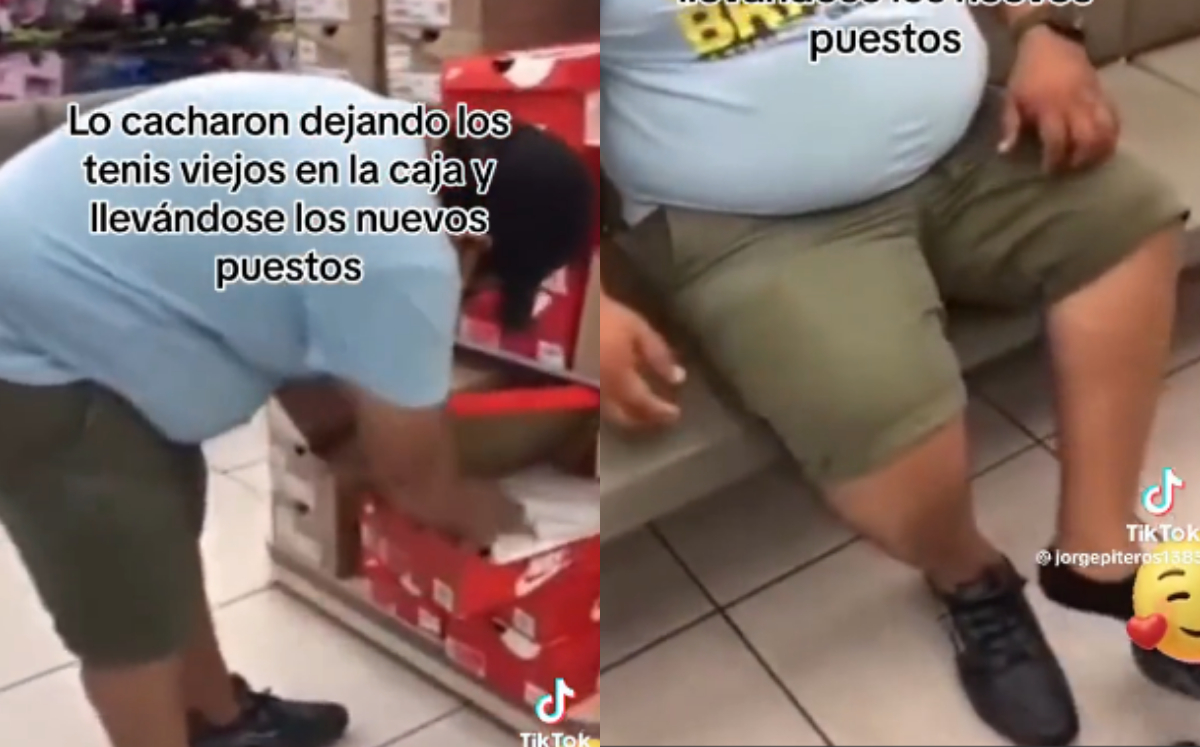 Hombre cambia sus zapatos viejos por unos nuevos en Coppel; empleados lo descubren