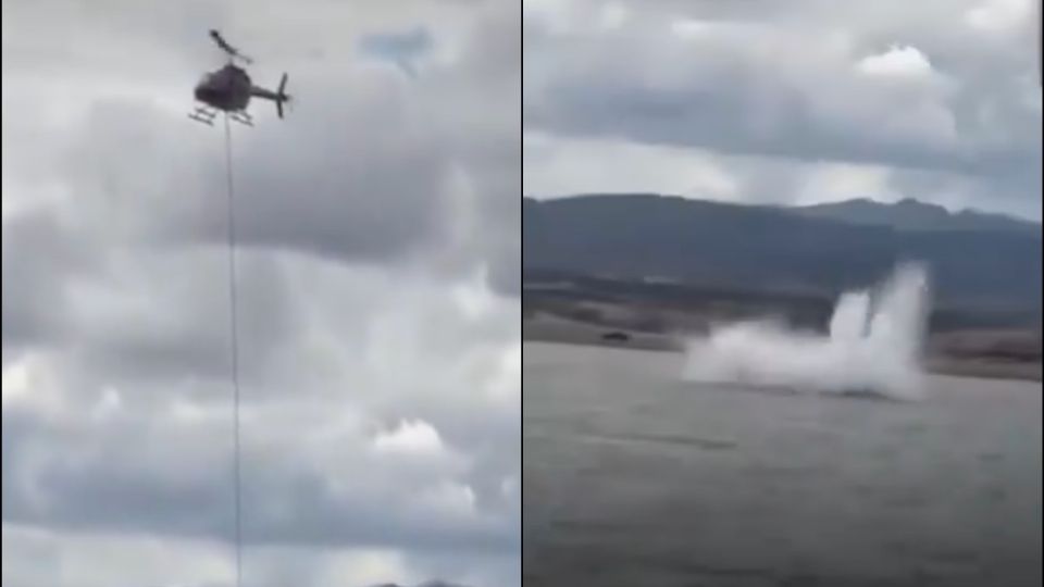 VIDEO: Momento exacto en que cae helicóptero sobre presa Chihuahua, rescatan a 3 personas