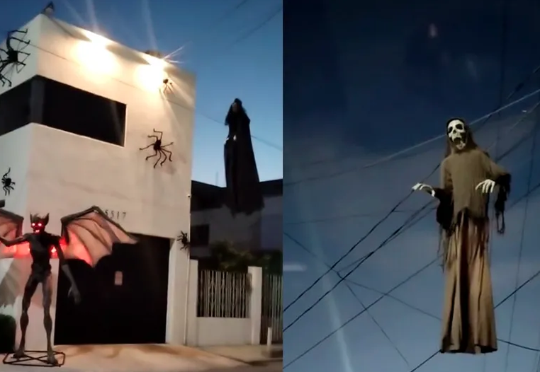 En Tamaulipas, captan casa decorada con temática de Halloween con 'brujas' y gárgolas