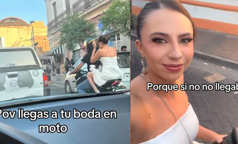 Novia pide 'aventón' a motociclista para llegar a su boda; casi no llega por el tráfico