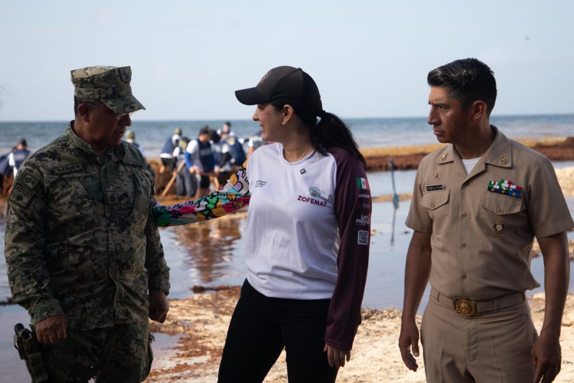 Estefanía Mercado lidera operativo con la SEMAR y ZOFEMAT para enfrentar el sargazo en Playa del Carmen